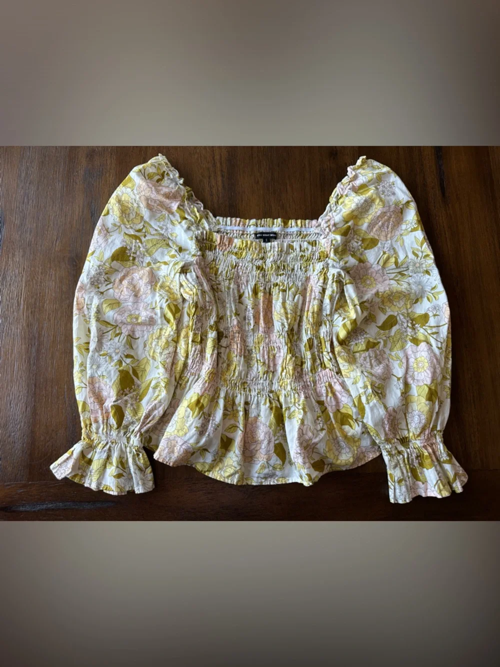 Who What Wear Floral Smocked Peasant Top in Yellow and Pink- size Small - Picture 2 of 5